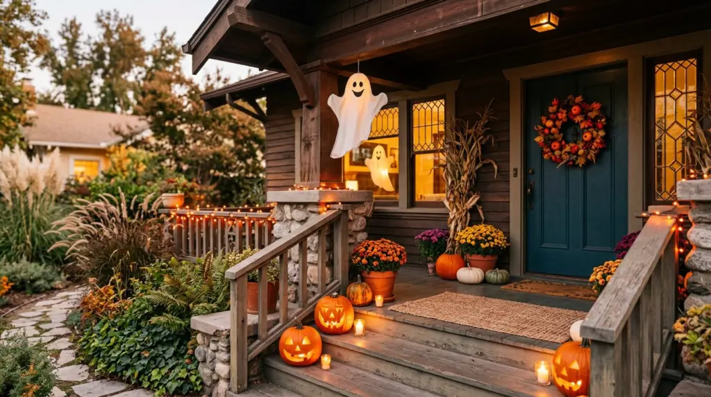 A close-up of a porch on a historic craftsman home in Pomona, decorated with carved jack-o'-lanterns, a friendly fabric ghost hanging from the eaves, and a wreath made of autumn leaves on the front door, bathed in soft, flickering light.