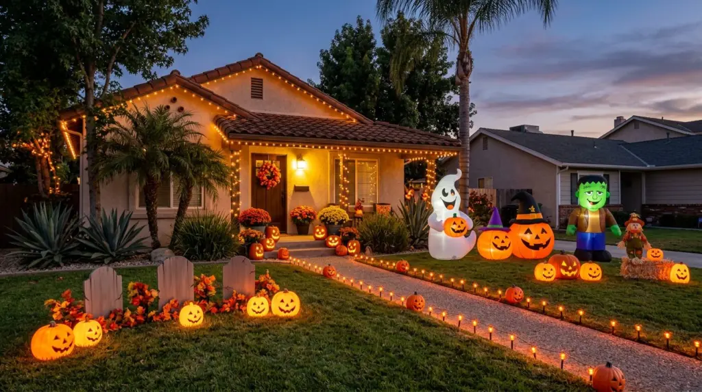 A family-friendly Halloween yard display in Pomona, featuring several large, colorful inflatables gently swaying, surrounded by glowing LED pumpkins and string lights outlining pathways, with a tiled roof visible in the background.