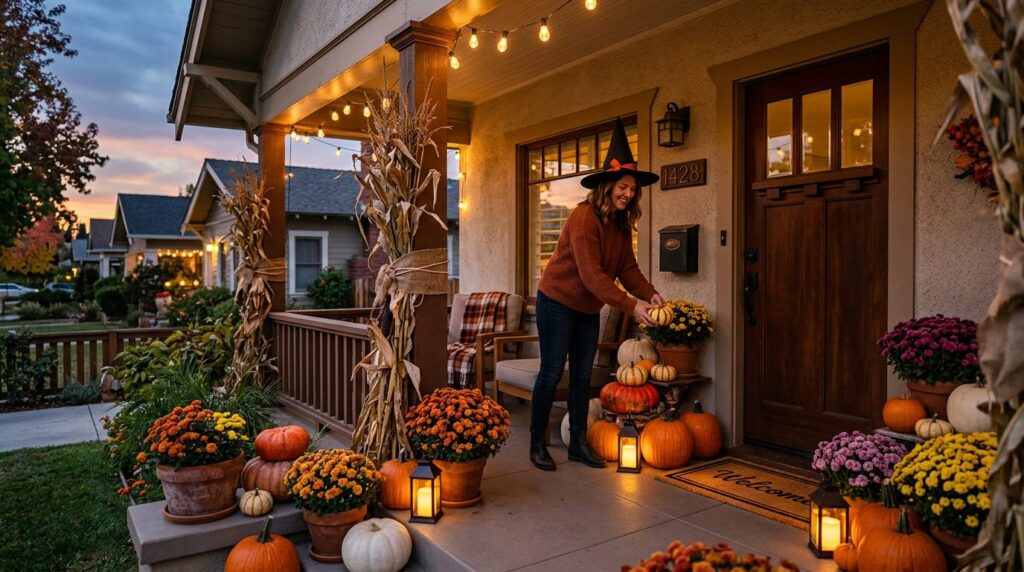 A cozy Upland home porch at dusk, adorned with a variety of orange and white pumpkins, colorful mums in pots, and corn stalks tied to a pillar, all softly lit by battery-operated LED lanterns, with a friendly adult in a witch hat adding a small gourd to the display.