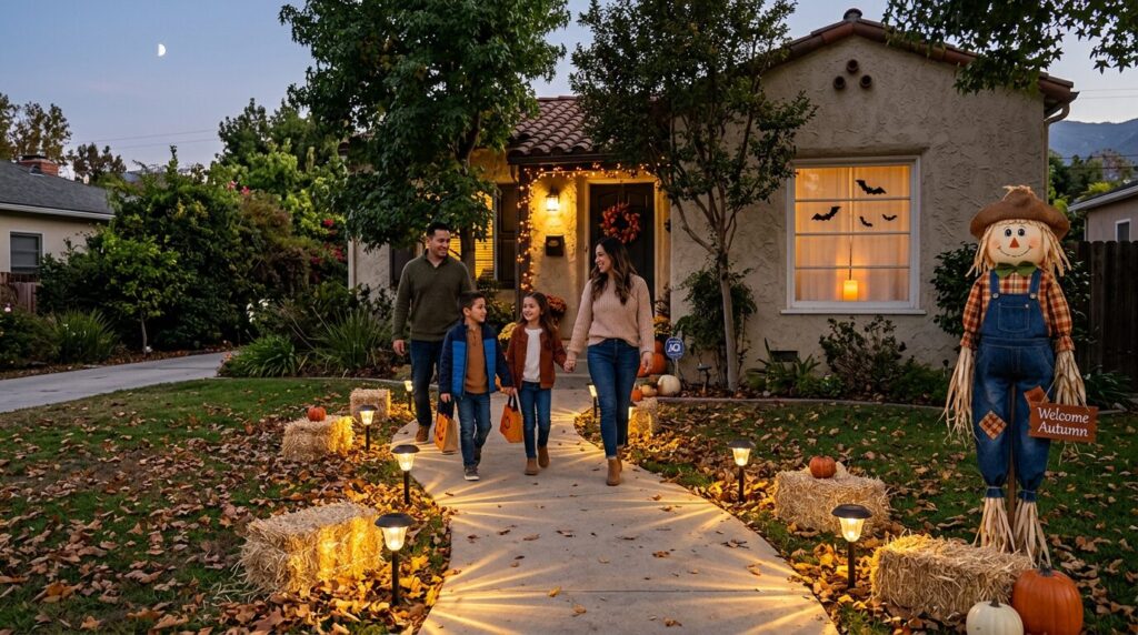 Solar-powered pathway lights illuminate a front walkway lined with small hay bales and a friendly scarecrow wearing a straw hat, while a nearby window of a stucco Upland home displays subtle bat silhouettes and a soft-glowing LED candle as a family walks up the path.