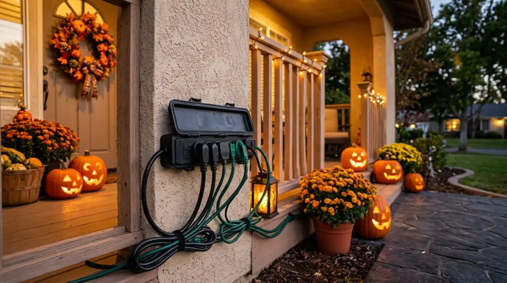 A close-up view of a well-secured, weather-resistant outdoor power strip managing several Halloween light cords, neatly tucked away along the base of a porch wall in a La Verne home.