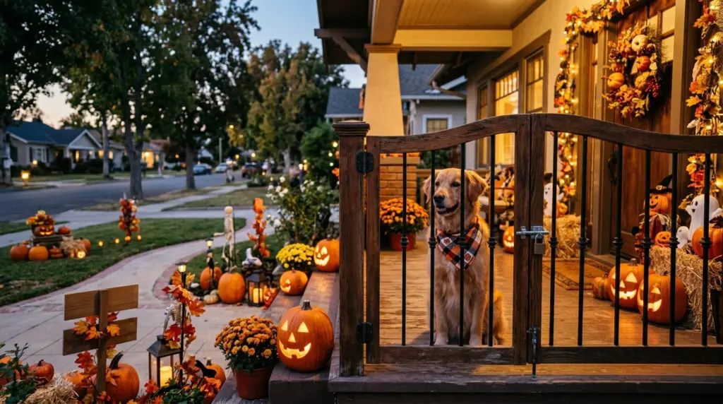 A friendly family dog, wearing a festive bandana, comfortably observing from behind a securely latched decorative gate on a La Verne porch, as if safely separated from the trick-or-treating path.