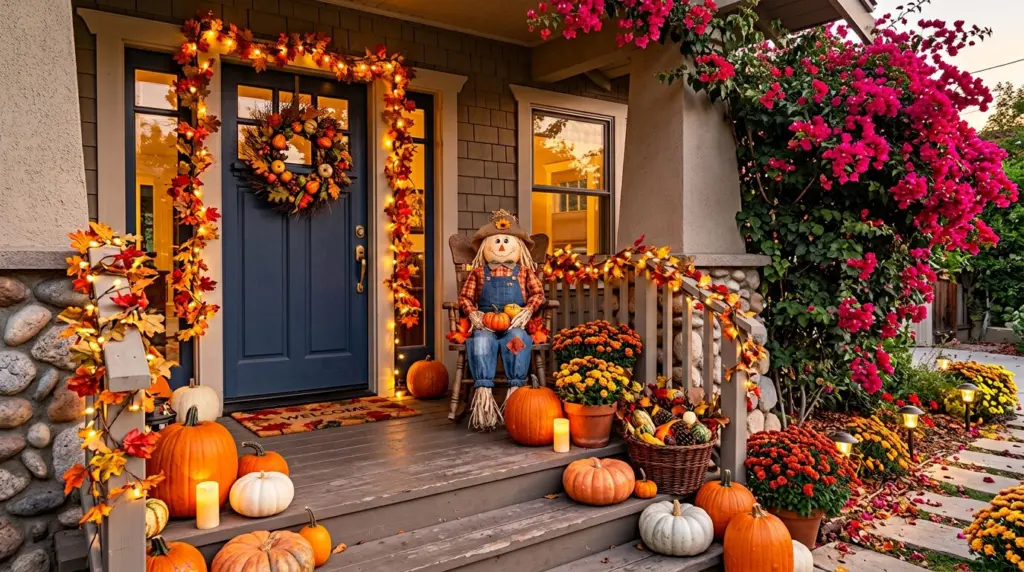 A close-up of a decorated porch on a Glendora home, featuring a display of pumpkins, autumn leaves, and a friendly, unlit scarecrow figure, with a vibrant potted Glendora Bougainvillea plant adding a pop of color in the background.