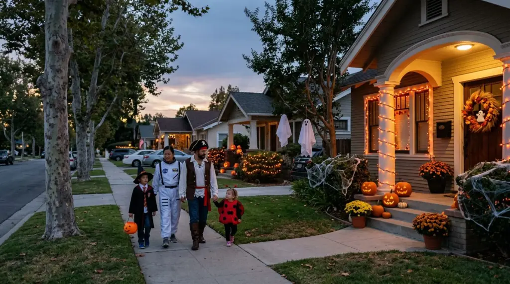 A family, with adults in friendly costumes and a child holding a small, decorative pumpkin bucket, walking along a sidewalk lined with homes displaying various Halloween lights and decorations in a Glendora neighborhood, seen from a respectful distance.