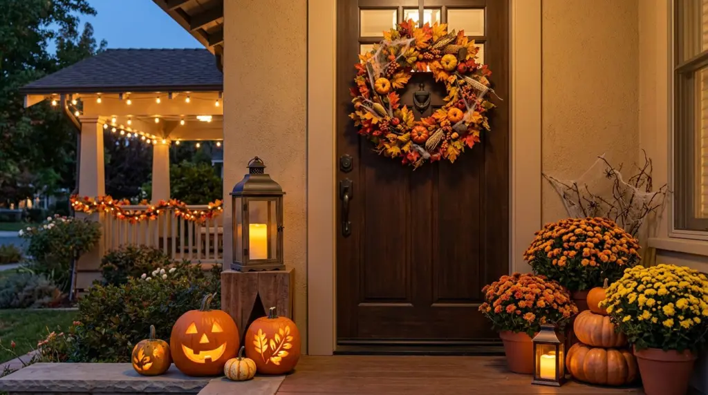 A close-up detail shot of a tastefully decorated porch in La Verne, showcasing carved pumpkins, flickering LED candles inside decorative lanterns, and a wreath adorned with autumn leaves and friendly spiderwebs on a front door, bathed in soft evening light.