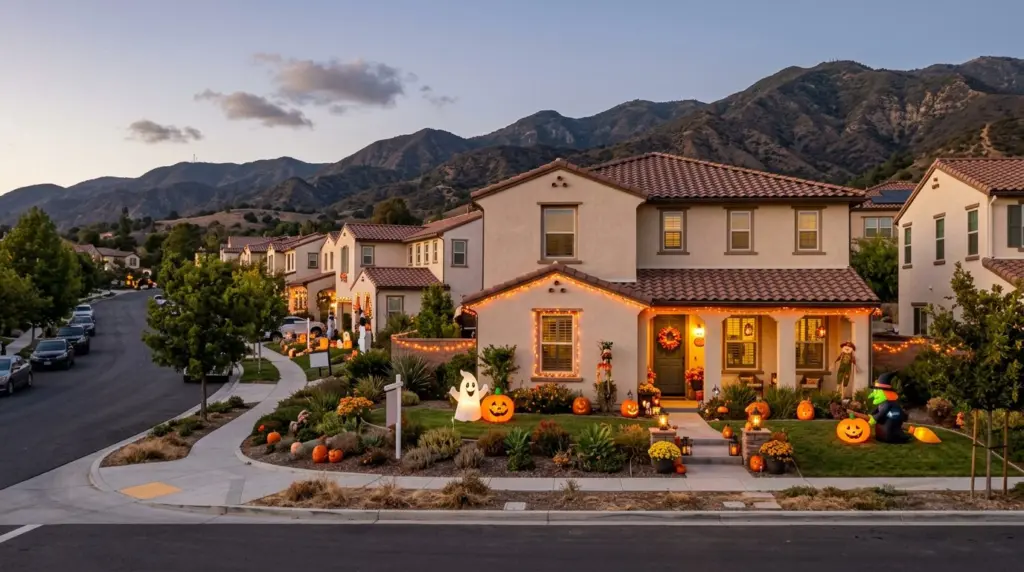 A wider shot of a residential street in a newer La Verne hillside neighborhood, where several stucco and tile-roofed homes are adorned with a variety of family-friendly Halloween decorations, including inflatables, string lights, and festive yard signs, with the foothills visible in the background.