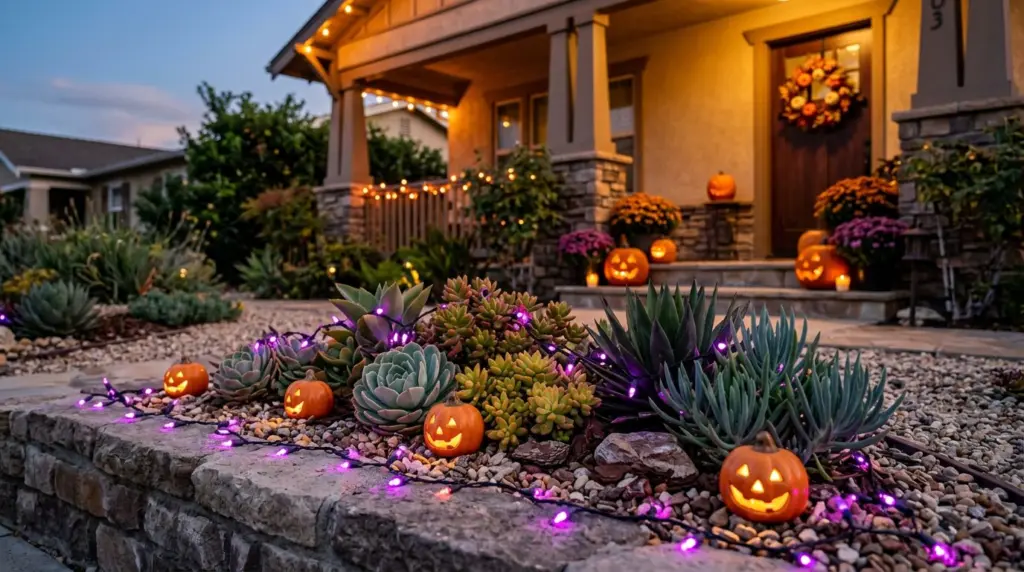 A close-up of a drought-tolerant succulent garden in an Ontario front yard, creatively integrated with small, glowing LED jack-o'-lanterns and purple string lights draped over a low wall.