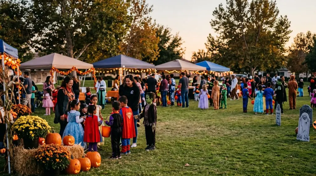 Families in various costumes gather in an open community park space in Ontario Ranch, with a few decorated pop-up tents visible in the background, under the warm glow of string lights at twilight.