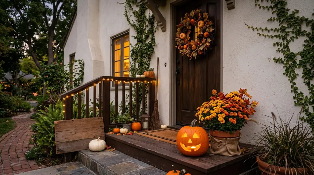 A close-up of a decorated porch on a stucco home in Pomona, featuring a carved pumpkin with a friendly face, a potted chrysanthemum, and a rustic "Happy Halloween" sign, with warm string lights subtly outlining the porch railing.