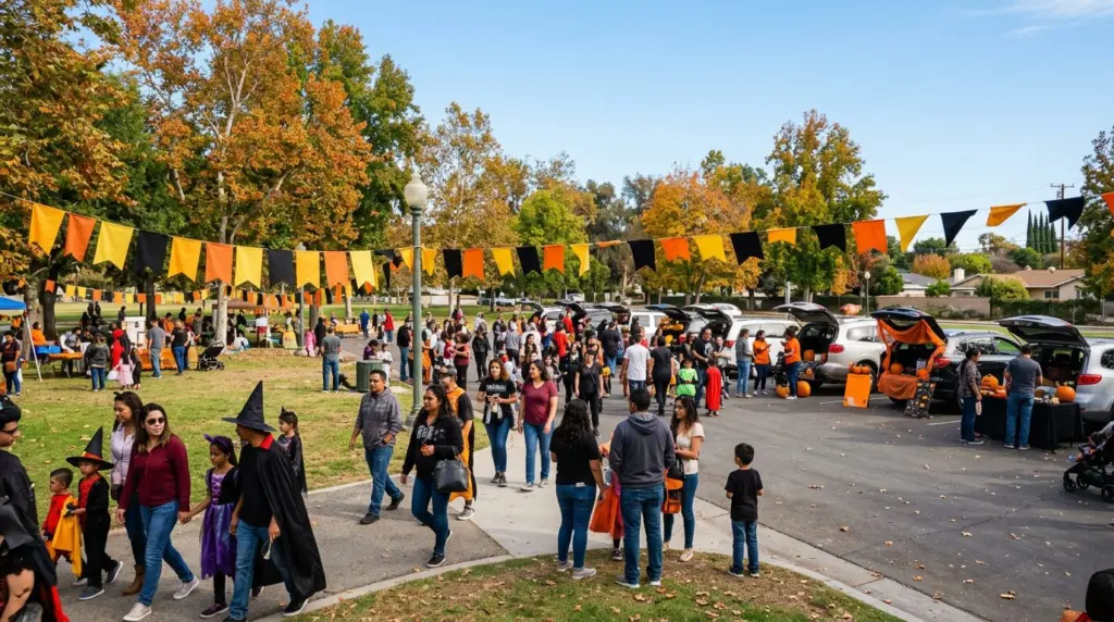 A wide shot of a community park space in Pomona during a daytime fall festival, with a few families in non-identifiable costumes milling around, colorful autumn banners, and a modest "trunk-or-treat" setup visible in the background, all under a clear Southern California sky.