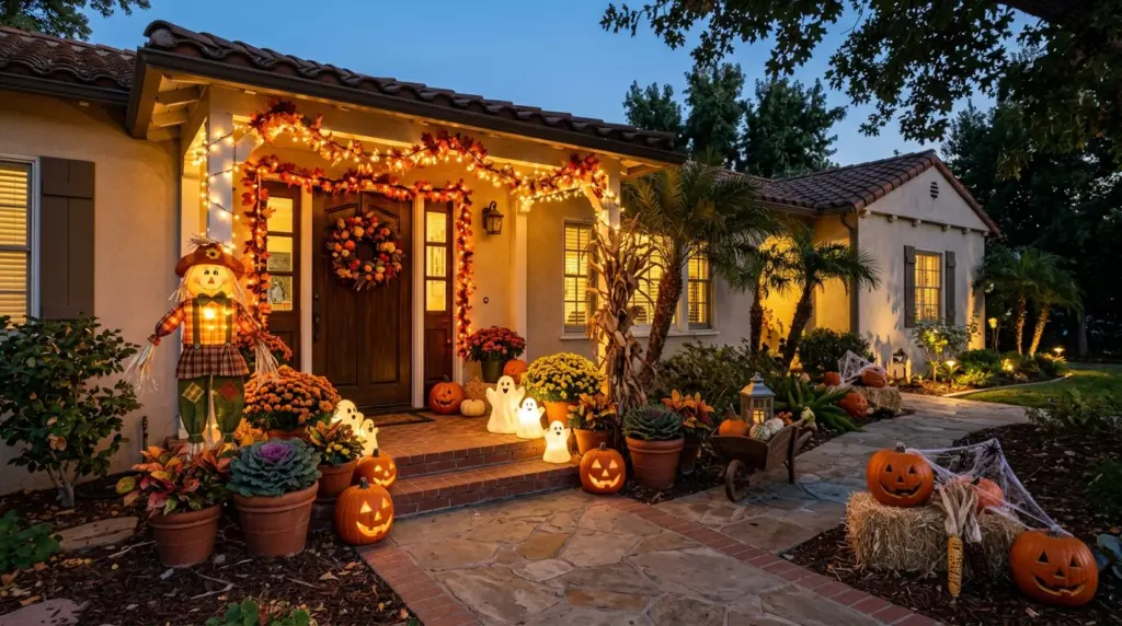 A close-up of a front yard in Upland, showcasing diverse Halloween decor suitable for a Southern California home, such as potted mums, ceramic ghosts, and a light-up scarecrow, all under a clear evening sky.