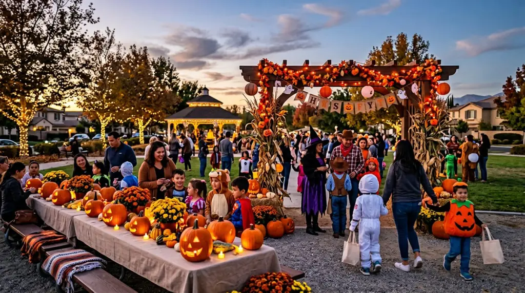 A community gathering space at dusk, with families in various costumes enjoying a festive, non-scary Halloween event, perhaps with a decorated archway or a table displaying pumpkins, the scene lit by soft, ambient lights.