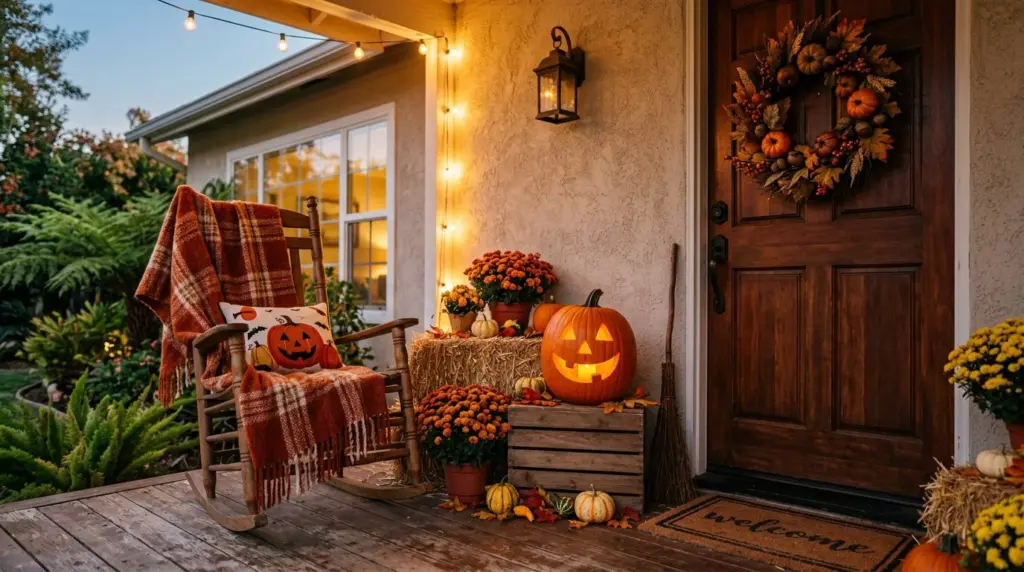 A close-up of a decorative Halloween porch display on a stucco home, showcasing a carved pumpkin with a flickering LED candle, a rustic fall wreath on the door, and a cozy blanket draped over a rocking chair.