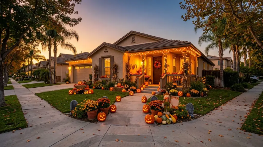 A family, dressed in light, friendly costumes, walking along a palm-lined street in Rancho Cucamonga during golden hour, heading towards a home with cheerful Halloween decorations.