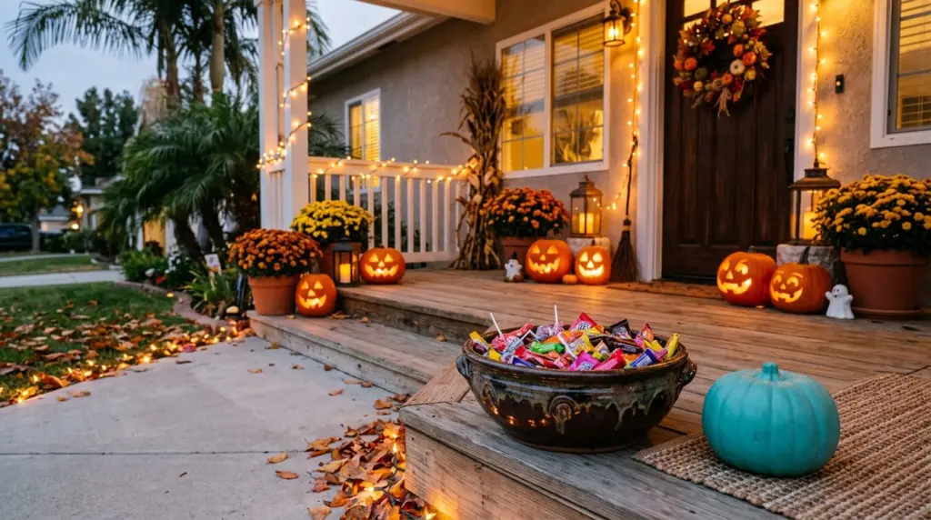 A close-up of a well-lit front porch in Rancho Cucamonga, showing a bowl filled with a variety of individually wrapped candies, alongside a small teal pumpkin indicating allergy-friendly options, with a clear, swept walkway in the foreground.