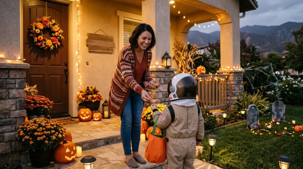 A friendly adult homeowner in Rancho Cucamonga, standing on a well-lit porch, smiling as they hand a piece of candy to a costumed child (back turned, no face visible), with decorative but safe Halloween lighting in the background.