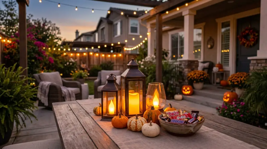 A close-up of a well-lit backyard patio space in Chino Hills, showing a cluster of battery-operated flickering lanterns on a table, surrounded by small, decorative gourds and a bowl of individually wrapped Halloween candies, with string lights softly blurring in the background.