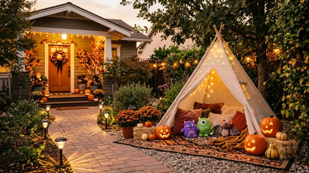 A designated 'kid zone' in a Chino Hills backyard, featuring a small, cozy tent adorned with glow-in-the-dark stars, a pile of soft cushions, and a few friendly, plush Halloween monsters, all safely away from main foot traffic under the soft glow of solar-powered path lights.