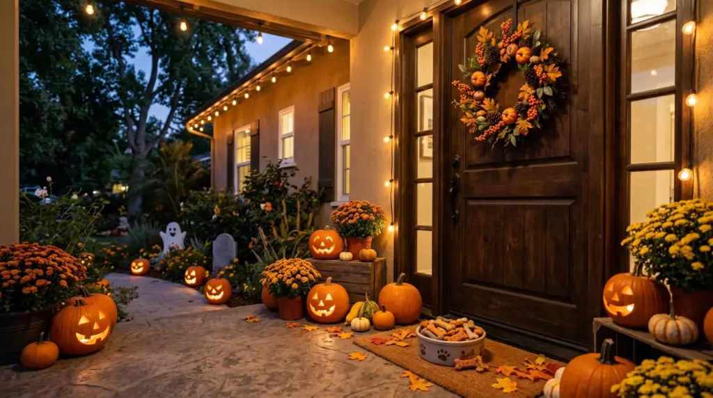 A bowl of pet-safe treats placed next to a closed door, decorated with autumn leaves and a subtle Glendora-themed wreath, ready for a quiet Halloween evening at home.