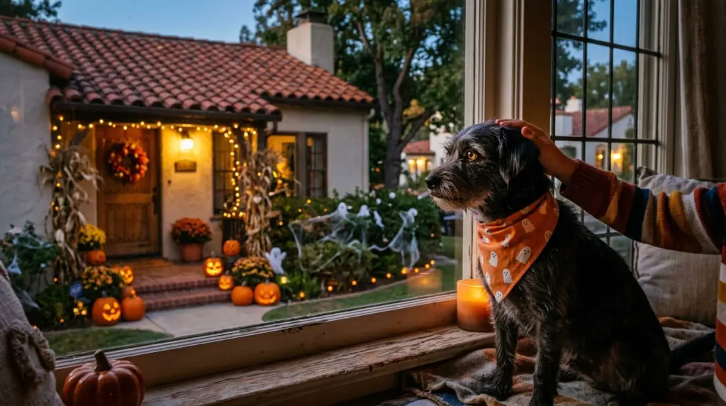 A close-up of a small dog, wearing a simple, non-restrictive Halloween bandana, calmly looking out a window in a tile-roofed Glendora home as a child's hand gently pets its head.