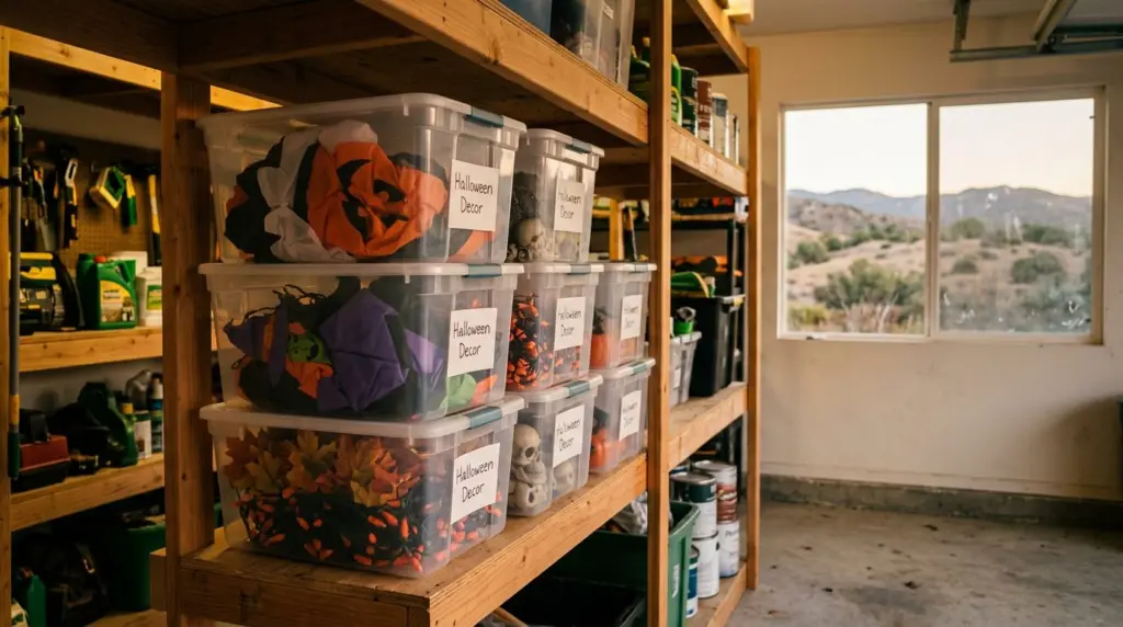A neatly organized garage shelf with transparent storage bins labeled for 'Halloween Decor,' showcasing deflated inflatables and various static props, with a window in the background showing a glimpse of La Verne's foothills.