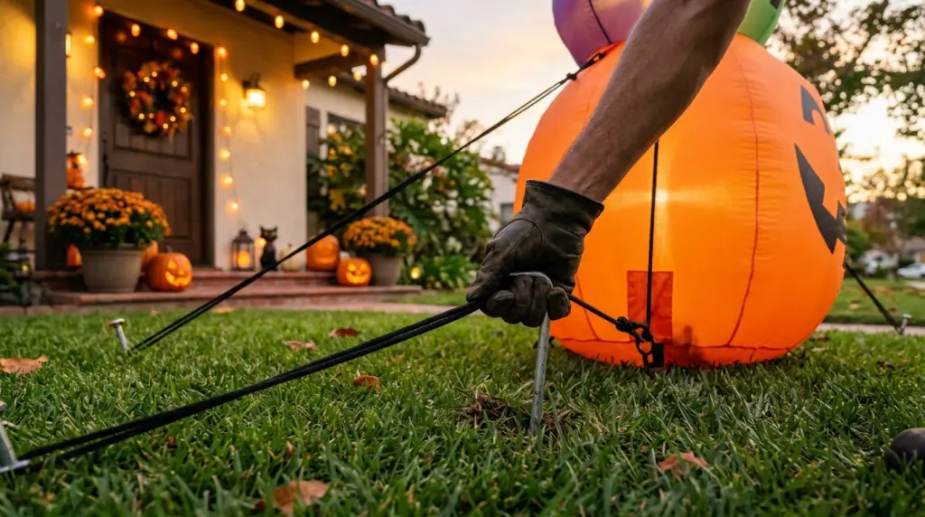 Close-up of a hand securing a heavy-duty stake into the grass next to the base of a large, colorful pumpkin inflatable, with visible tether ropes extending to additional anchor points on the lawn, ensuring stability.