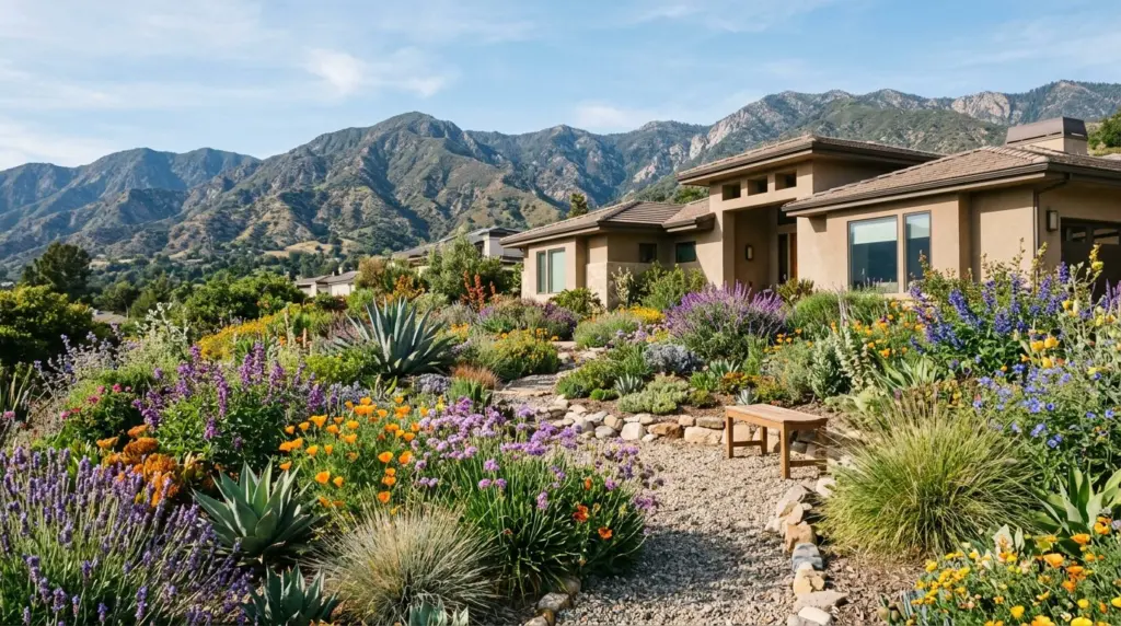 A close-up of a vibrant, drought-tolerant garden in front of a newer hillside home in La Verne, with the San Gabriel mountains faintly in the background.