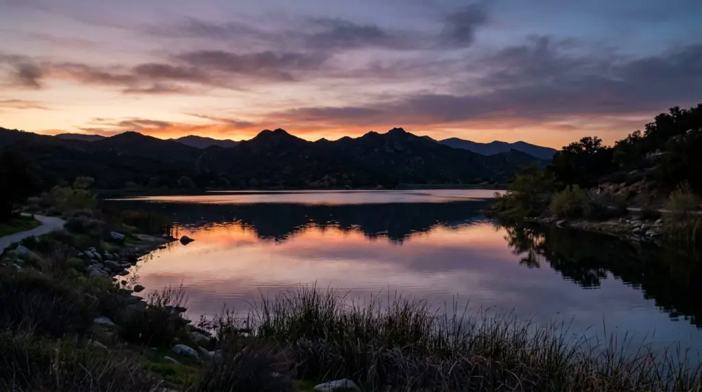 The reflective surface of Puddingstone Lake at Bonelli Regional Park at dusk, with the distant hills silhouetted against the fading light.