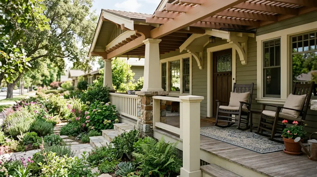 A close-up of a well-maintained porch on a craftsman home near Old Town, showcasing architectural details and green landscaping.