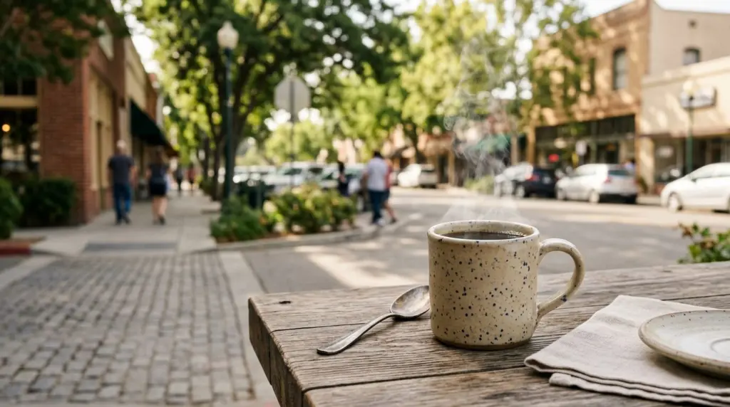 A close-up of a steaming coffee cup resting on an outdoor cafe table with a blurred view of a tree-lined street in La Verne beyond.