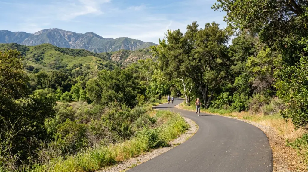 A paved path winding through green trees with distant hills, suggesting a regional park, under a bright Southern California sun.