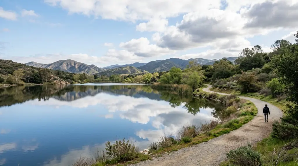 The calm surface of Puddingstone Lake reflecting the sky, with distant hills and a clear path winding along the shore.