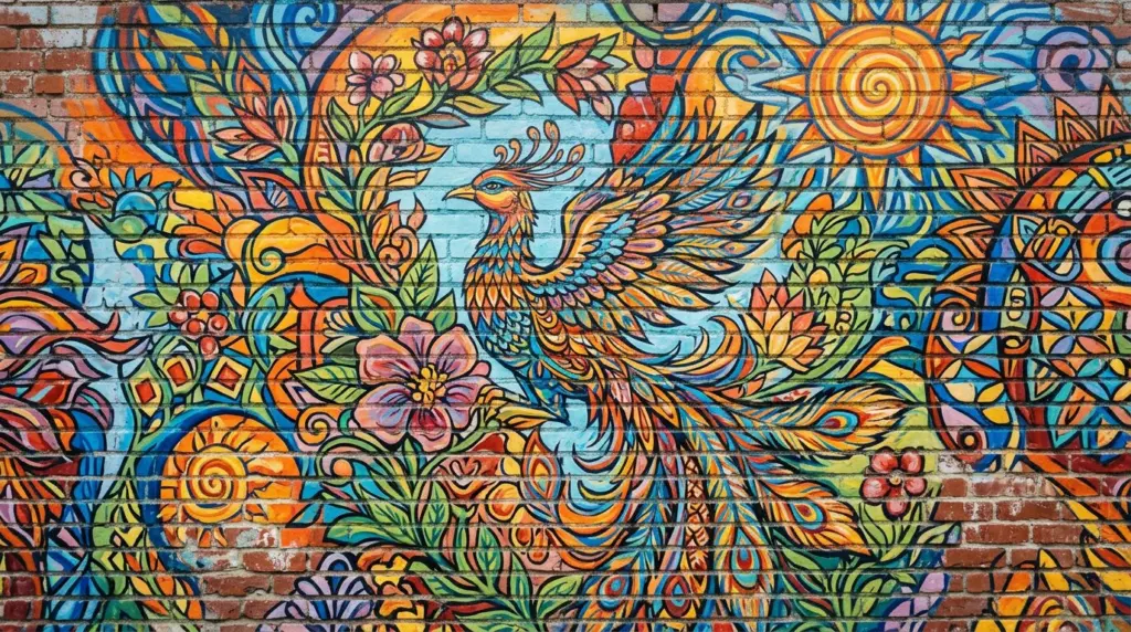 A close-up of a vibrant mural on a brick wall in the Downtown Pomona Arts Colony, showcasing intricate details and bright colors.