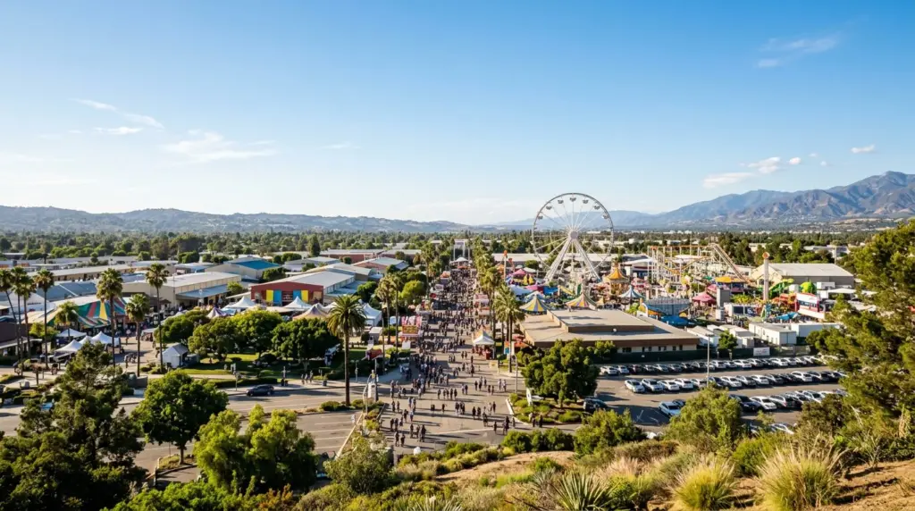 A panoramic view of the Fairplex grounds from a slight elevation, showing a distant Ferris wheel turning slowly against a clear blue sky.