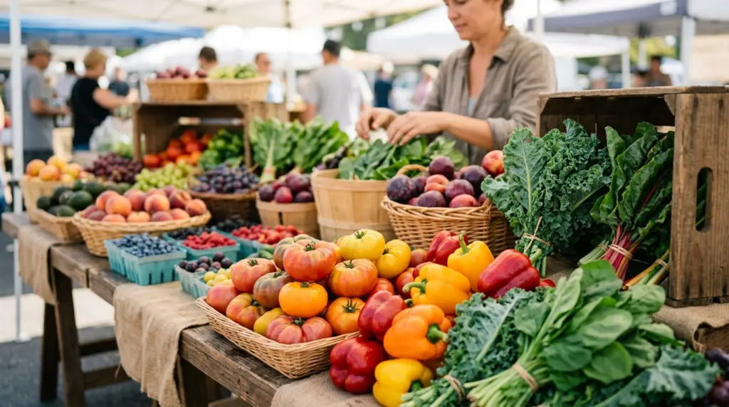 A close-up of fresh, colorful produce arranged at a stall at the Upland Farmers Market.