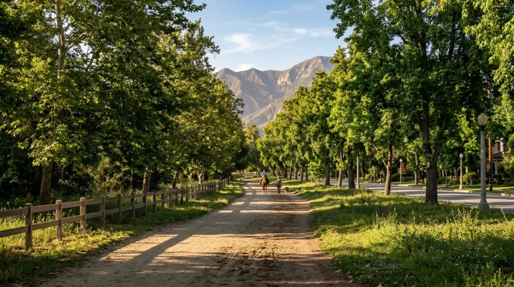 The tree-lined bridle path along Euclid Avenue, with dappled sunlight on the compacted earth and distant foothills.
