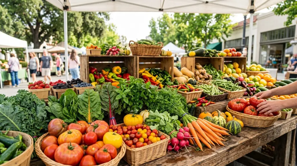 A close-up of vibrant, freshly picked organic produce artfully arranged on a stall at the Sunday Farmers & Artisans Market.