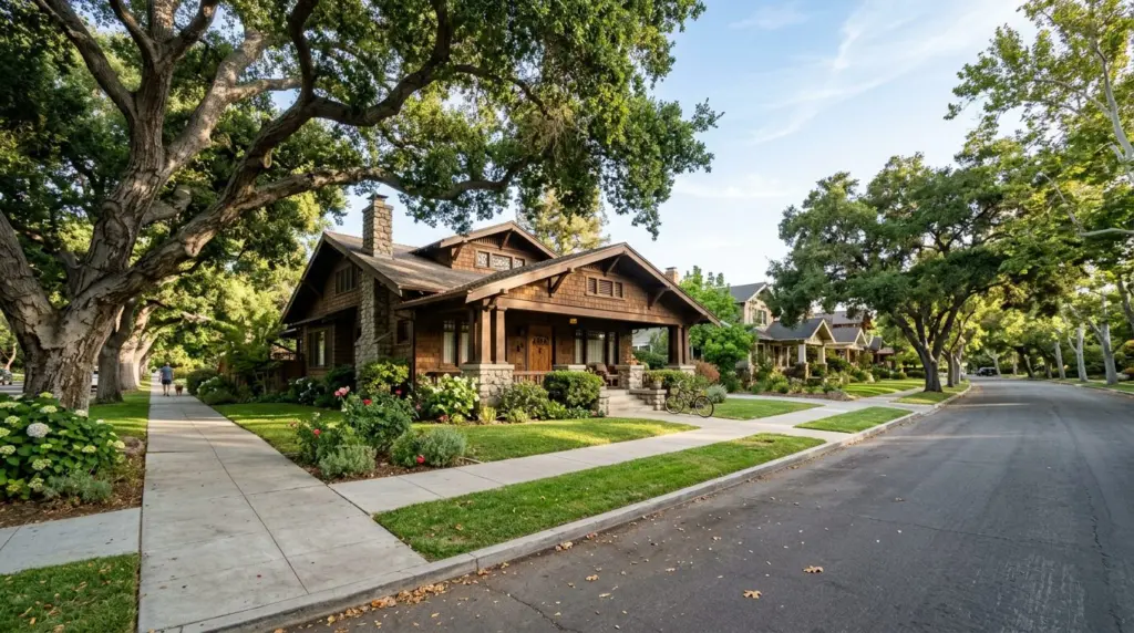 A quiet residential street in Claremont, featuring a well-maintained craftsman-style home partially shaded by a mature oak tree and a broad sidewalk.