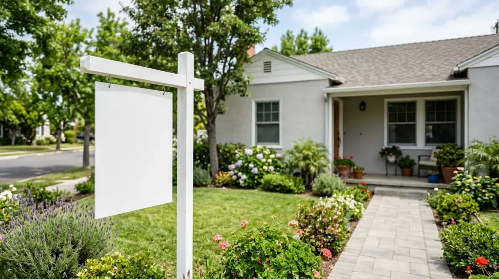 A close-up of a 'for sale' sign post planted firmly in front of a well-maintained Montclair single-story home with a neat front yard.