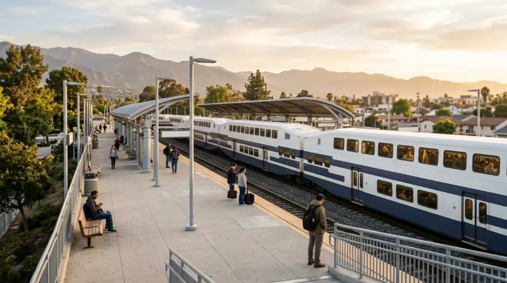 A wide shot of the Montclair TransCenter platform with Metrolink train cars visible, bathed in the soft glow of a late afternoon sun.