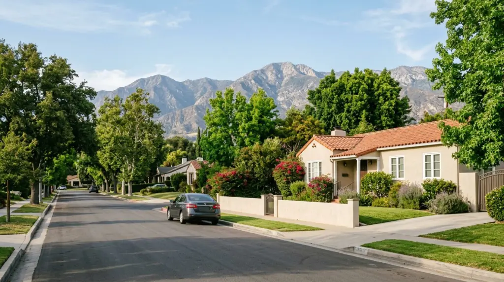 A quiet street scene in Azusa, showcasing a well-maintained single-family home with mature landscaping, a car slowly drives past, and distant mountain peaks are visible.