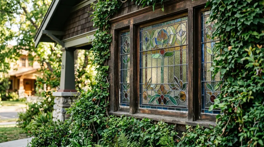 A close-up of the intricate stained-glass window of a historic craftsman bungalow in the Claremont Village area, framed by ivy and lush greenery.