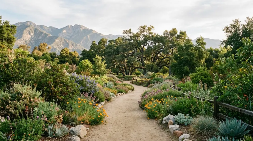 A serene view of the California Botanic Garden's native plant collection, with a winding decomposed granite path leading towards a distant grove of oaks under soft morning light.