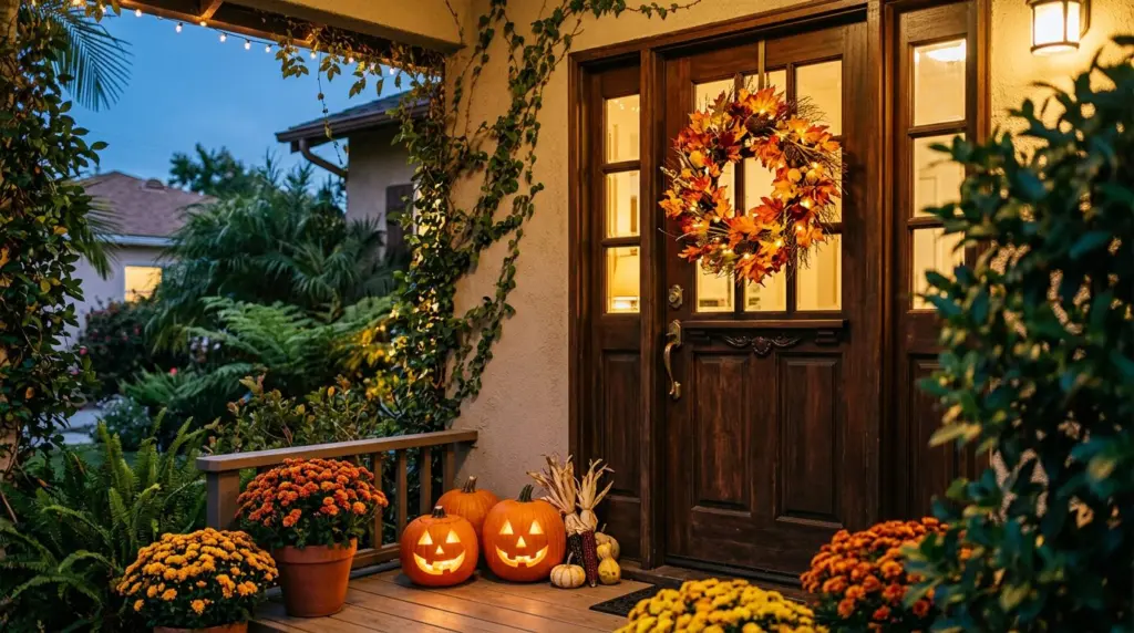 A close-up of a front door on a Southern California home, featuring a wreath with autumn leaves and small, battery-operated LED lights, indicating seasonal decor that adheres to typical HOA guidelines.