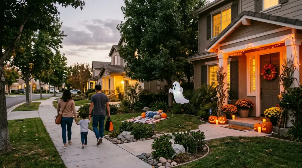 A family, seen from behind, walks down a sidewalk past a home with a small, inflatable ghost gently bobbing in the breeze, demonstrating how some inflatables might be used within HOA contexts.
