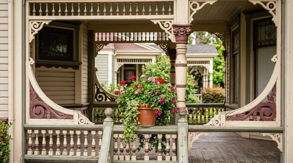 A close-up of an ornate Victorian home's porch in Pomona, highlighting intricate woodworking details and a vibrant potted plant.