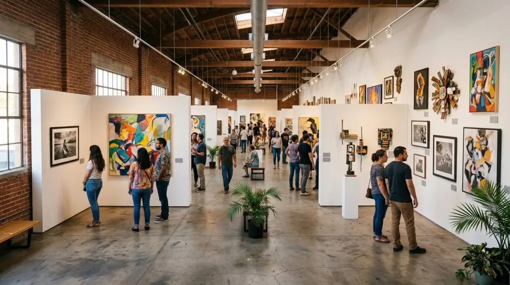 A wide shot inside a spacious, well-lit art gallery in the Downtown Pomona Arts Colony, with diverse artworks displayed on clean white walls.