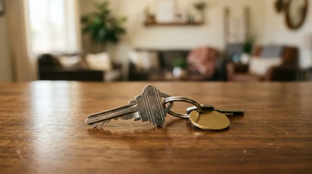 A close-up of a key on a keyring resting on a polished wooden surface, with a blurred house interior in the background.