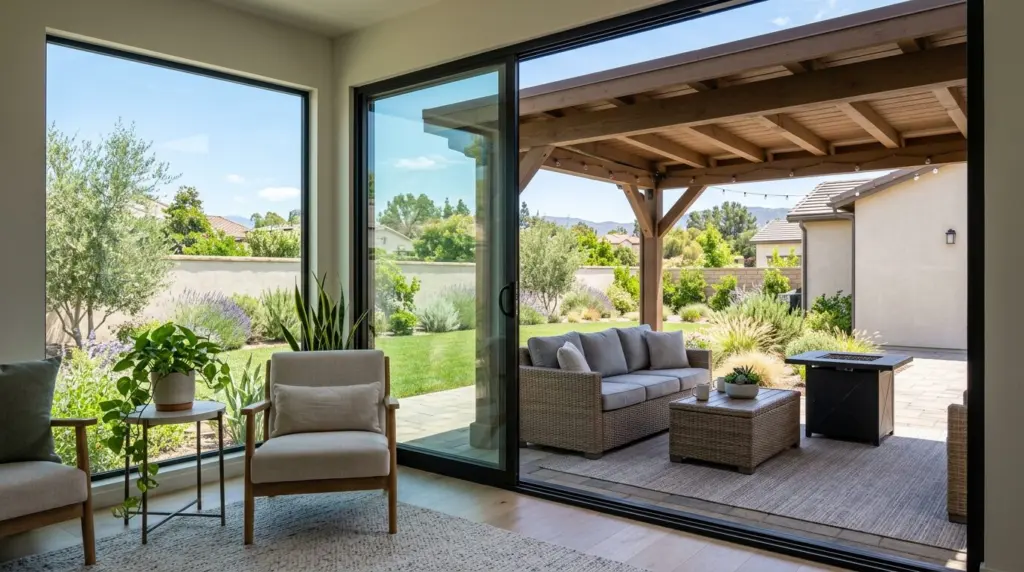 A view from a window inside a modern Fontana home, looking out onto a backyard with a covered patio.
