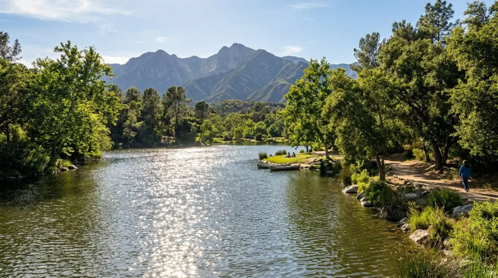 Sunlight glinting off the surface of Puddingstone Lake, with the San Gabriel Mountains visible in the distance and mature trees along the shore.